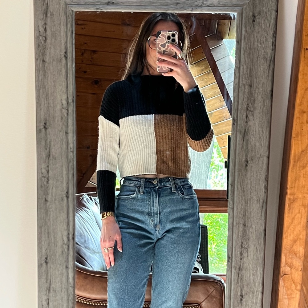 Black, White, and Brown Mock Neck Colorblock Cropped Sweater